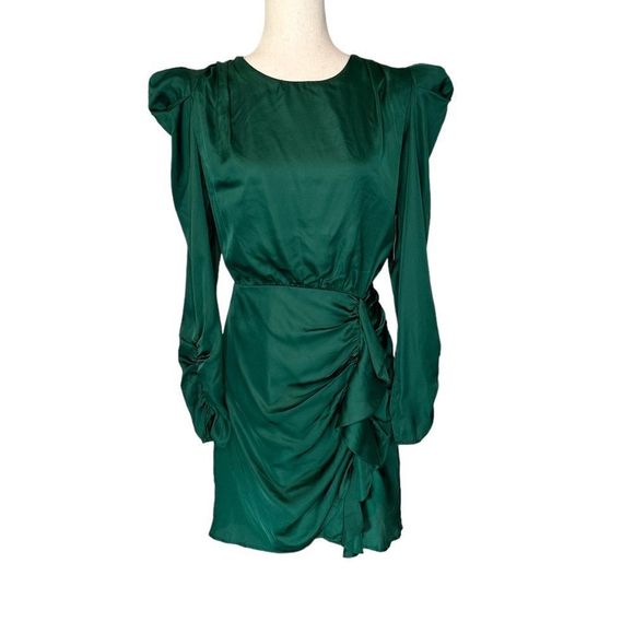 ASTR Cascade Long Sleeve Ruffle Front Mini Dress Green Satin | Size XL - Picture 4 of 11